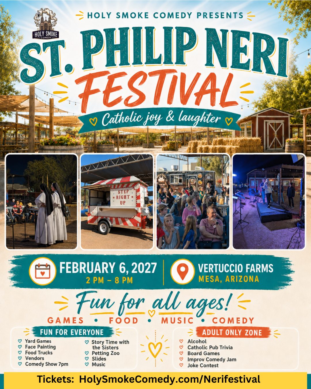 St. Philip Neri Festival flyer: Catholic joy and laughter, February 6 2027, 2 to 8 PM at Vertuccio Farms in Mesa, Arizona.